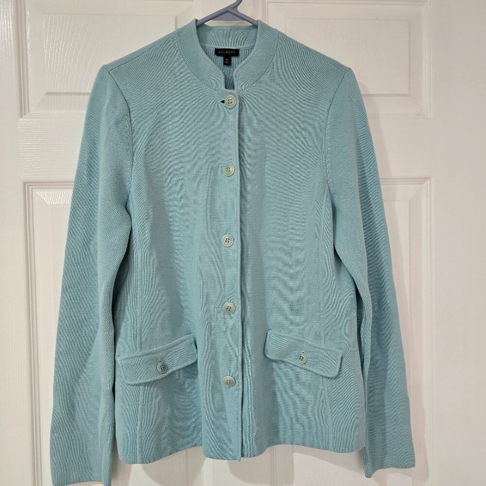 Talbots Sweater Blazer Coatigan Button Front Pockets Aqua Blue Size Medium